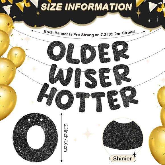 Older Wiser Hotter Glitter Banner Funny Birthday Banner Decorations (Black) - Picture 2 of 7